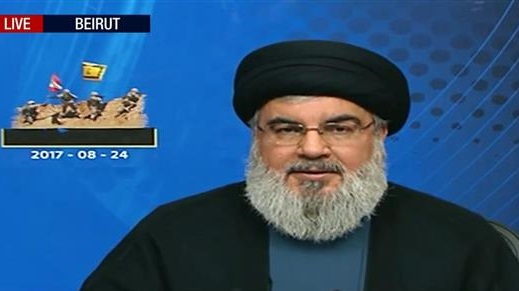 Secretary General of Lebanese Hezbollah Sayyed Hassan Nasrallah movement delivers speech on the latest joint military campaign by Syrian army soldiers and Hezbollah fighters against the Daesh Takfiri terrorists, August 24, 2017.