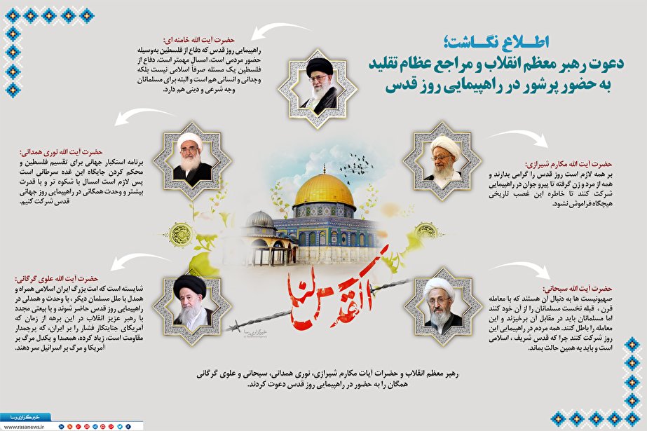 دعوت رهبر معظم انقلاب و مراجع عظام تقلید، به حضور پرشور در راهپیمایی روز قدس