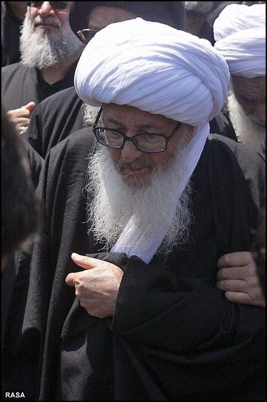 حضرت آيت‌الله وحيد خراساني پيدل  فاطمي جلوس ميں عزاداروں کے ساتھ