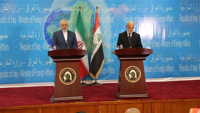 Iranian FM Zarif in a press conference with FM Ibrahim al-Jaafari