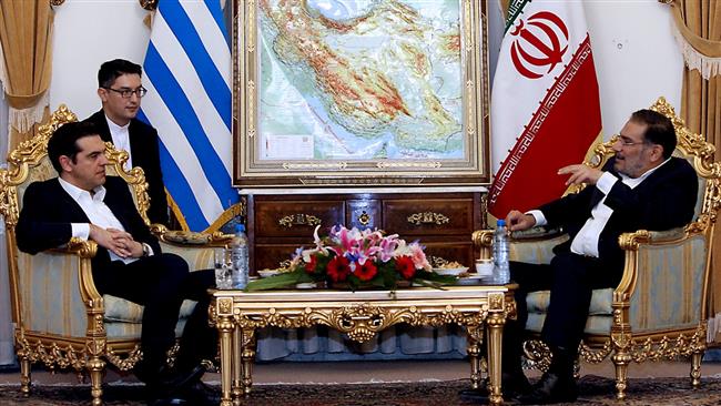 Ali Shamkhani (R) meets with visiting Greek PM Alexis Tsipras