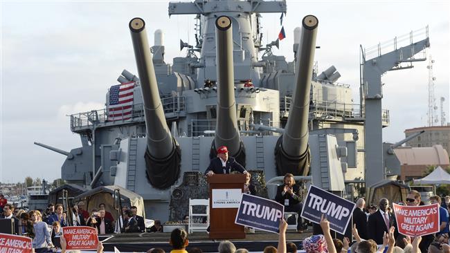 US Republican presidential nominee Donald Trump speaks during a campaign event aboard the USS Iowa battleship in Los Angeles, September 15, 2015.