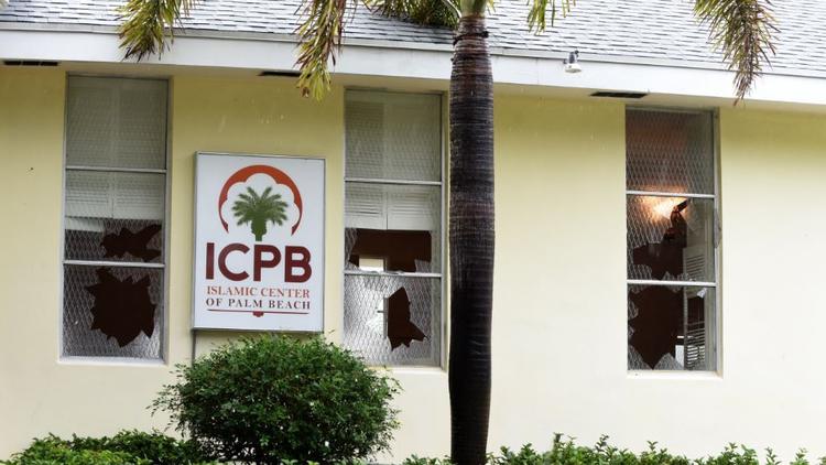 Windows were found broken before dawn at the Islamic Center of Palm Beach, 101 Castlewood Dr. North Palm Beach, on Friday, Dec. 4, 2015. (Maria Lorenzino / Sun Sentinel)