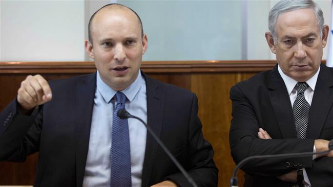 File photo shows Israeli regime Education Minister, Naftali Bennett (Left) and Prime Minister Benjamin Netanyahu (R). (Photo by AFP)