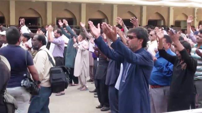 This screenshot from a video published on October 21, 2016, shows Shia Muslims demonstrating in the Pakistani port city of Karachi.