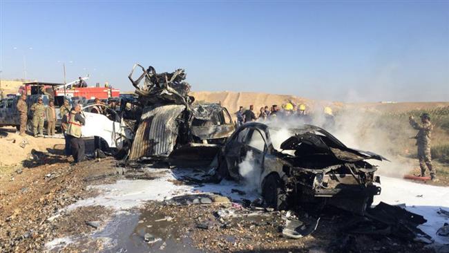 The aftermath of a bombing in the north-central Iraq province of Salahuddin’s capital of Tikrit as seen on November 6, 2016