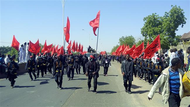 This picture taken on November 26, 2015 shows members of the Islamic Movement of Nigeria (IMN) taking part in the symbolic procession commemorating Arba’een.