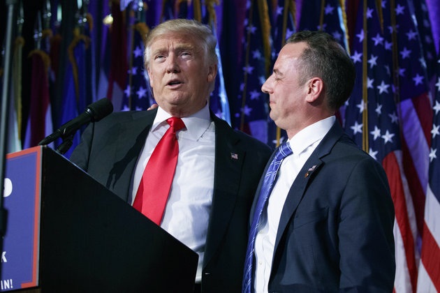 President-elect Donald Trump, left, stands with Republican National Committee Chairman Reince Priebus on election night. Trump named Priebus as his chief of staff.