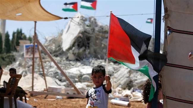 A Palestinian child holds a national flag in front of the rubble of the homes that were destroyed by Israeli forces in the West Bank village of Qalandiya on July 29, 2016. (Photo by AFP)