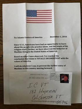 Letter received by Islamic Society of Vermont
