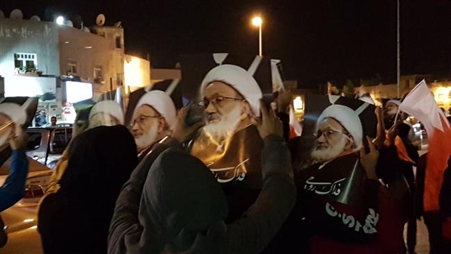 Bahrainis hold a protest rally in the town of Musalla in solidarity with prominent Shia cleric Sheikh Isa Qassim on December 21, 2016.