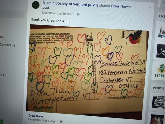 A photo of a postcard posted on the Islamic Society of Vermont