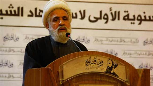Sheikh Naim Qassim, the deputy secretary general of Lebanon’s Hezbollah resistance movement, speaks at a ceremony commemorating the first anniversary of the Riyadh regime’s execution of prominent Shia cleric Sheikh Nimr Baqir al-Nimr in Beirut on January 4, 2017. (Photo by al-Ahed News)