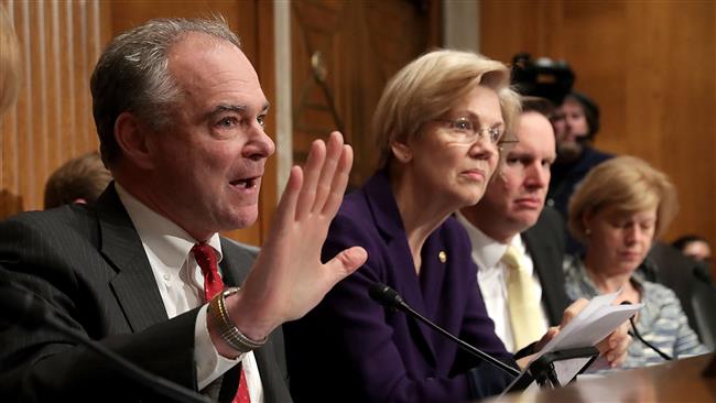 US Democratic Senators Tim Kaine (left), Chris Murphy (2nd-right) and Elizabeth Warren (3rd-right