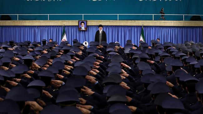 Leader of the Islamic Revolution Ayatollah Seyyed Ali Khamenei is seen during a meeting with a number of commanders, officers, pilots, and staff members from Iran’s Air Force and the country’s Khatam al-Anbiya Air Defense Base in Tehran, February 7, 2017.