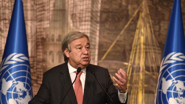 UN Secretary General Antonio Guterres delivers a speech during a press conference with Turkish Prime Minister Binali Yildirim (unsen) on February 10, 2017 in Istanbul. (Photo by AFP)