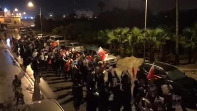 Bahraini protesters take part in an anti-regime protest rally in the northern village of Abu Saiba, February 13, 2017.