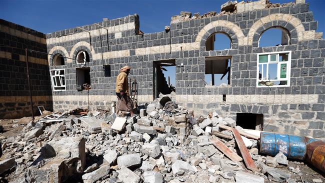 This photo shows the site of an air raid on a funeral reception in the Arhab district, north of Sana’a, Feb. 16, 2017. (Photo by AFP)