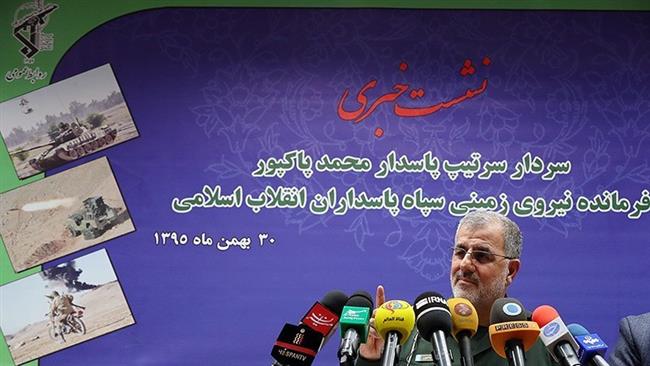 Commander of the Islamic Revolution Guards Corps’ Ground Forces Brigadier General Mohammad Pakpour speaks in a press conference in Tehran, February 18, 2017.
