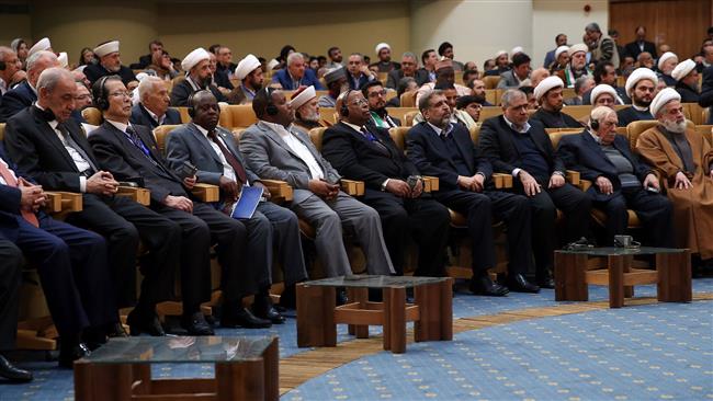 This handout photo provided by the official website of the Center for Preserving and Publishing the Works of Leader of the Islamic Revolution Ayatollah Seyyed Ali Khamenei on February 21, 2017 shows delegations attending a conference on Palestine in Tehran. (Via AFP)