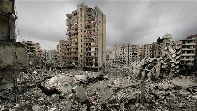 Aftermath of Israeli bombing of residential buildings in Dhahiya in southern Beirut in August 2006.