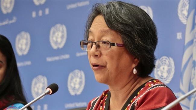 Victorial Tauli-Corpuz, the UN special rapporteur on the rights of indigenous peoples, holds a press conference in Washington, May 2016. (Photo by AP)
