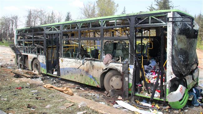 A picture taken on April 16, 2017 shows the damage a day after a car bombing attack in Rashideen, west of Aleppo, targeted buses carrying Syrians evacuated from Shia-majority towns of Kefraya and al-Foua in Idlib province. (Photo by AFP)