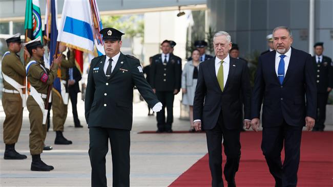 The Israeli minister for military affairs, Avigdor Lieberman (R) welcomes US Defense Secretary James Mattis (C) in Tel Aviv, April 21, 2017. (Photo by AFP)