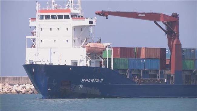 A screen grab from footage released by Ruptly on April 19, 2017 showing a 10,000-ton Russian humanitarian aid shipment arriving at Syria’s Tartus port.