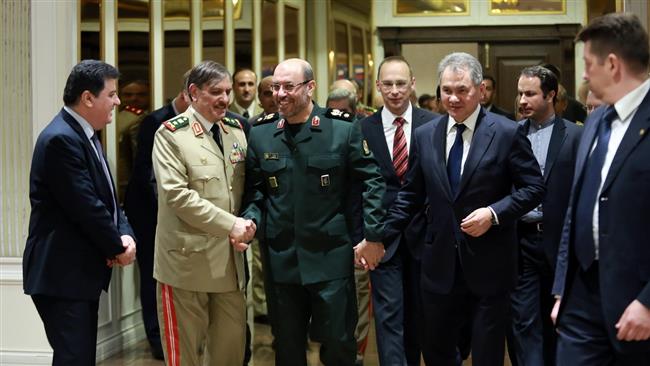 Iranian Defense Minister Brigadier General Hossein Dehqan (C-Front) meets with his Russian and Syrian counterparts, Sergei Shoigu (2nd-R) and Fahd Jassem al-Freij (2nd-L), in Tehran, June 10, 2016. (Photo by IRNA)