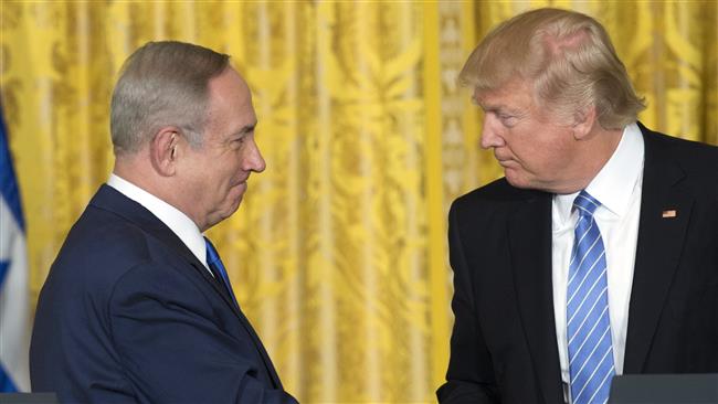 US President Donald Trump (R) and Israeli Prime Minister Benjamin Netanyahu shaking hands following a joint press conference at the White House, February 15, 2017. (Photo by AFP)