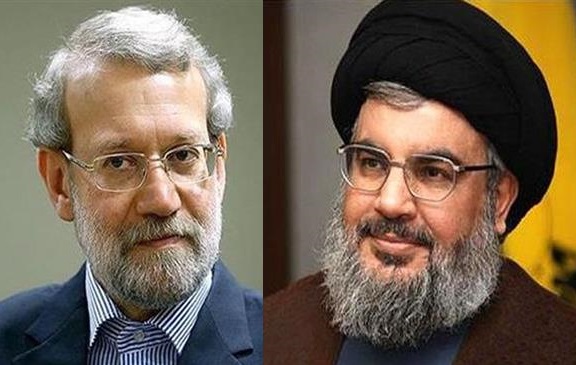 Iranian Parliament Speaker Ali Larijani (L) and Secretary General of the Lebanese Hezbollah resistance movement, Sayyed Hassan Nasrallah