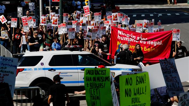 People march and shout slogans in support of Muslim community as activists take part in the "March Against Sharia" on June 10, 2017 in New York City. (Getty Images)