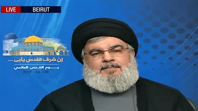 Hezbollah Secretary General Sayyed Hassan Nasrallah delivers a speech on the occasion of the International Quds Day on June 23, 2017.