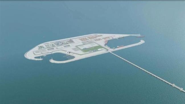 A still image taken from a handout video supplied by the Israeli ministry of intelligence and transportation shows animation of an artificial island off the coast of Gaza. (via REUTERS)