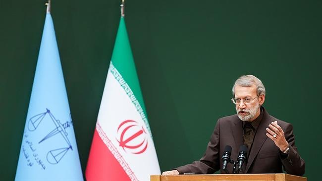 Iranian Parliament Speaker Ali Larijani speaks at a national forum on the occasion of the Judiciary Week in Tehran on July 2, 2017. (Photo by Tasnim news agency)