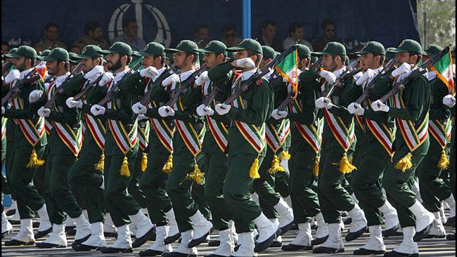 IRGC troops march during a ceremony in Tehran in this file photo.