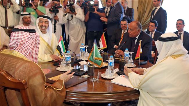 Saudi Foreign Minister Adel al-Jubeir (L), UAE Minister of Foreign Affairs Abdullah bin Zayed Al Nahyan (2nd-L), Egyptian Foreign Minister Sameh Shoukry (2nd-R), and Bahraini Foreign Minister Khalid bin Ahmed Al Khalifa (R) meet to coordinate their behavior toward Qatar, in the Egyptian capital, Cairo, July 5, 2017. (Photo by AFP)