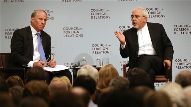Iranian Foreign Minister Javad Zarif (right) discusses current developments in the Middle East with Richard N. Haass at the Council on Foreign Relations (CFR) on July 17, 2017 in New York City.
