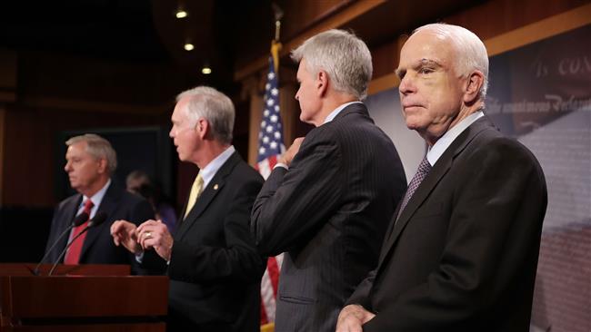 (L-R) US Sen. Lindsey Graham (R-SC), Sen. Ron Johnson (R-WI), Sen. Bill Cassidy (R-LA) and Sen. John McCain (R-AZ) hold a news conference to say they would not support a