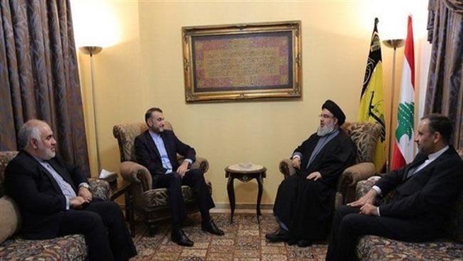 Hezbollah Secretary General Sayyed Hassan Nasrallah (2nd, R) meets with Hossein Amir-Abdollahian (2nd, L), a special adviser on international affairs to the Iranian parliament speaker, in Beirut, Lebanon, on August 2, 2017.