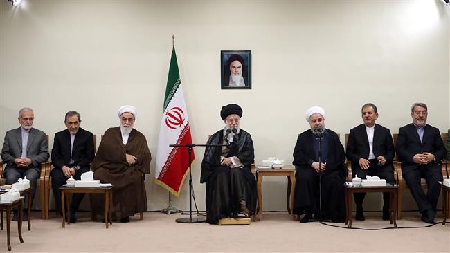 Leader of the Islamic Revolution Ayatollah Seyyed Ali Khamenei (C) meets with administration officials on the occasion of the Iranian Government Week, in Tehran on August 26, 2017. (Photo by leader.ir)