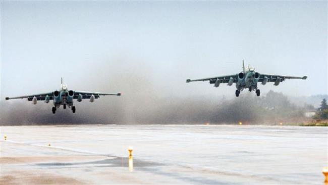 This file photo shows Russian Sukhoi Su-25 attack aircraft taking off from the Hmeimim military base in Latakia Province in western Syria.