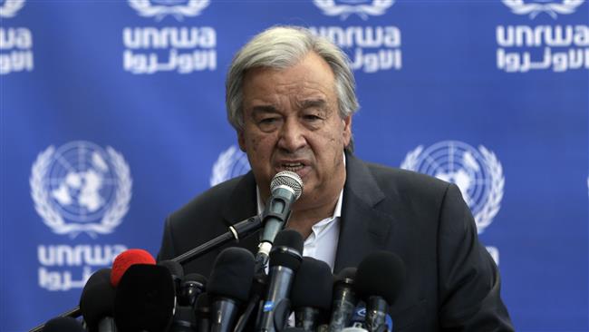 United Nations Secretary General Antonio Guterres delivers a statement to the media during a visit to a UN school in the northern Gaza Strip on August 30, 2017. (Photo by AFP)
