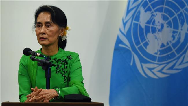 This photo shows to Myanmar’s de facto ruler Aung San Suu Kyi at a press conference in Naypyidaw on August 30, 2016. (By AFP)