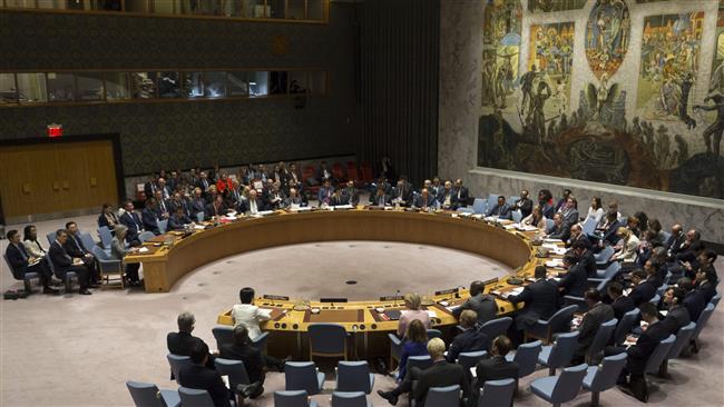 A view of the UN Security Council in session in New York