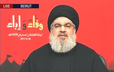 Secretary General of Hezbollah Sayyed Hassan Nasrallah delivers a televised speech from the Lebanese capital city of Beirut on September 30, 2017.