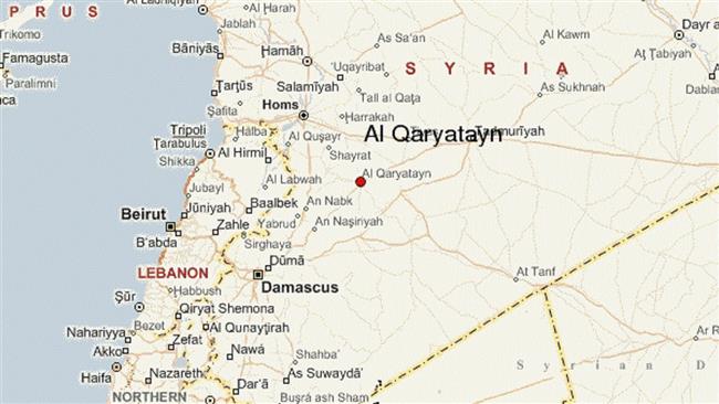Regional map shows the location of the town of al-Qaryatayn in central Syria.