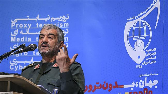 Major General Mohammad Ali Jafari, the chief commander of the Islamic Revolution Guards Corps (IRGC) speaks at a conference titled “A World Without Terror” in Tehran on October 31, 2017. (Photo by Fars news agency)