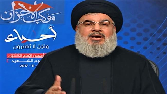 The secretary general of Lebanese Hezbollah resistance movement, Sayyed Hassan Nasrallah, delivers a televised speech from Beirut, Lebanon, on November 10, 2017. (Photo by AFP)